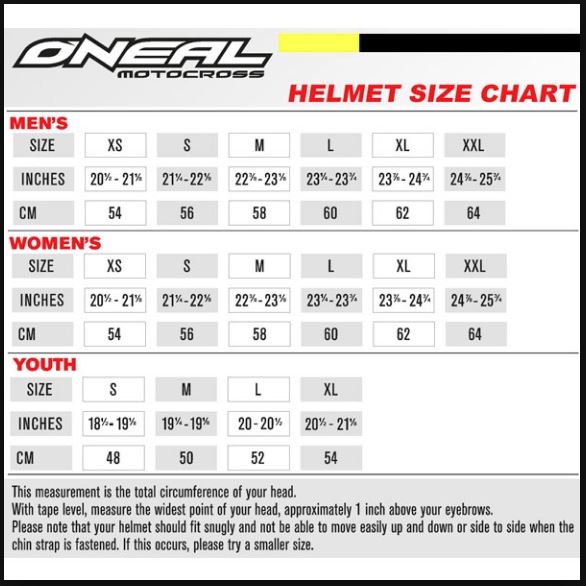 O’Neal Helmet size chart | MOTODOMAINS