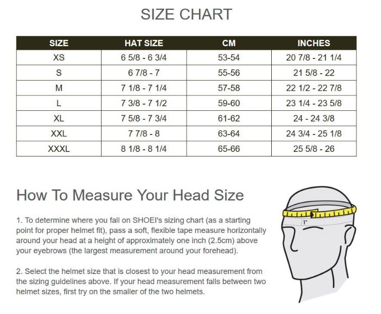 Shoei helmet sizing chart