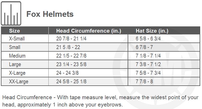Fox helmet sizing chart