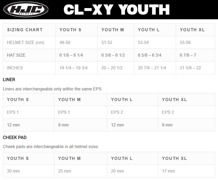 HJC CL-XY Youth Helmet size chart