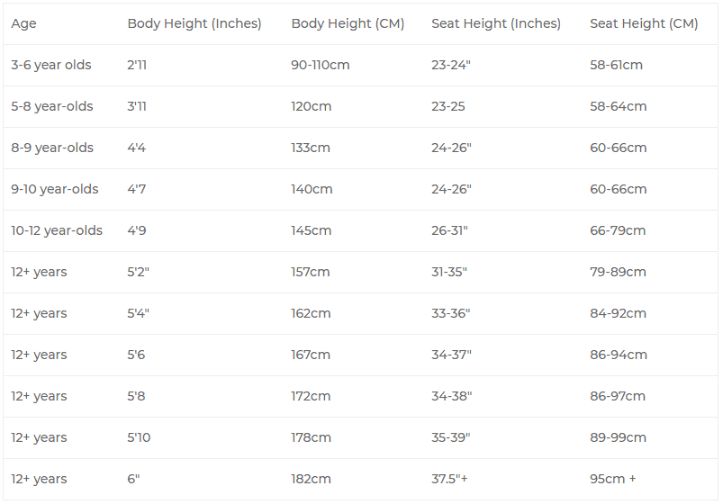 dirt bike size comparison to height chart